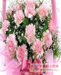 广岛网上花店 商品内容 粉色康乃馨36枝 满天星 黄莺 商品包装 精美小花篮